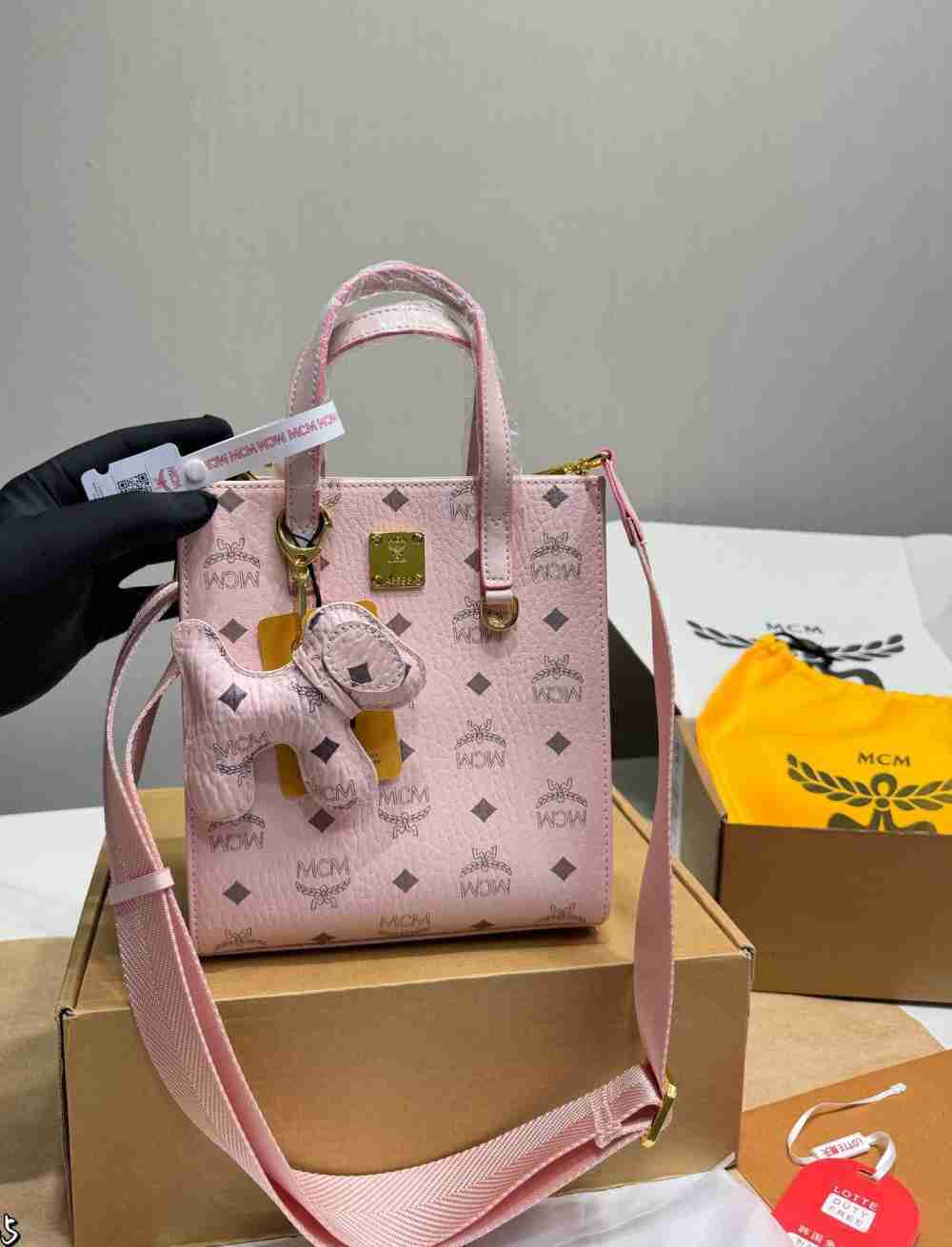 MCM Pastel Pink Mini Vertical Tote Crossbody Bag with Matching Dog Pendant